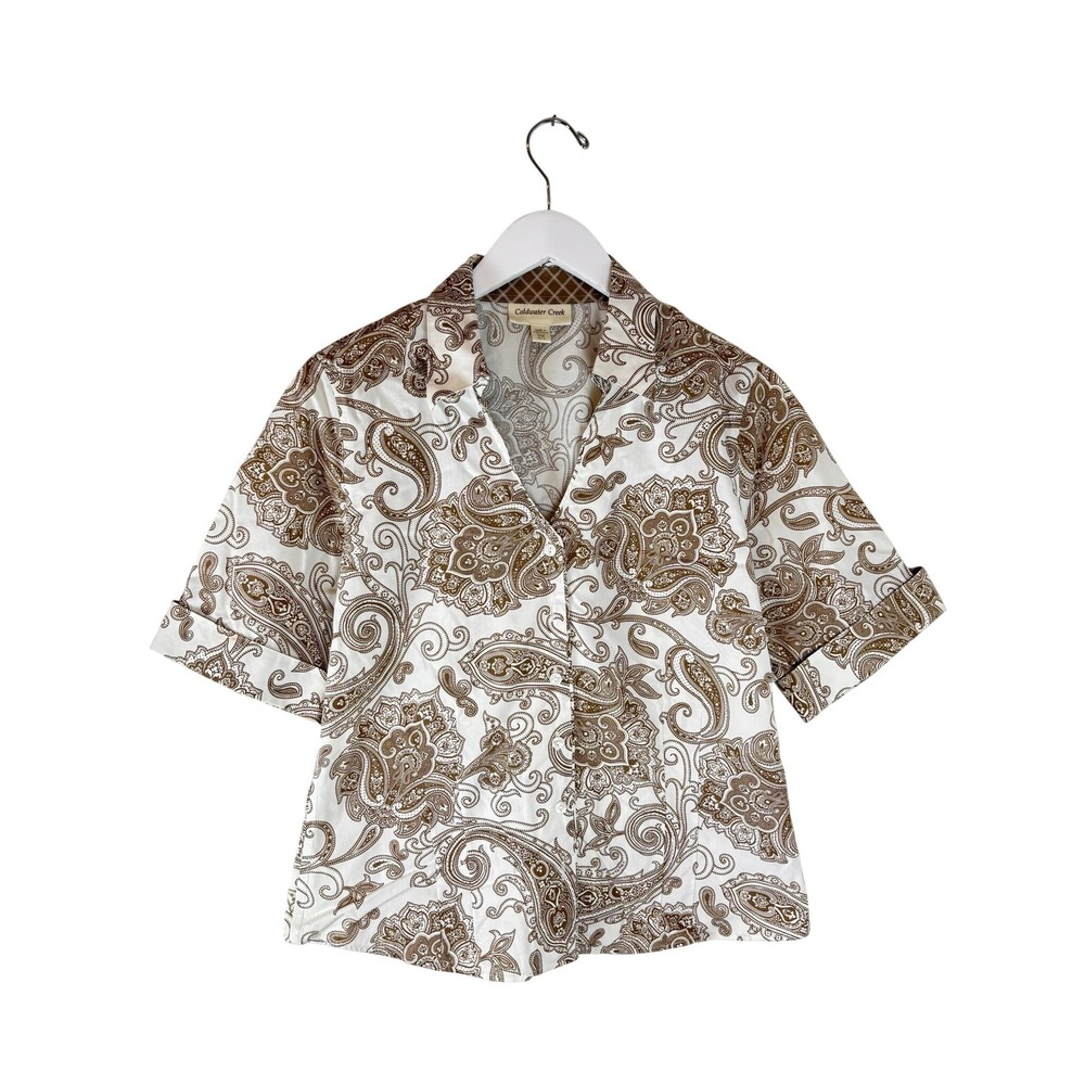 Coldwater Creek Brown Paisley Cotton Button Up Blouse Petite Medium PM 10-12‎